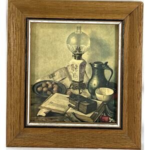 Vintage Henk Bos Still Life Print Framed Wall Art 7.5x8” Lamp Books Dining Table